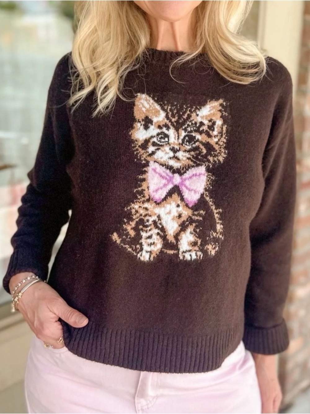 Simply Southern Brown Kitten Intarsia Sweater with Pink Bow